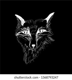 Illustration of a fox portrait in hatching style. Chalk on a blackboard.
