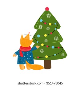 Illustration of a fox in a scarf and a Christmas tree . To dress up the Christmas tree .