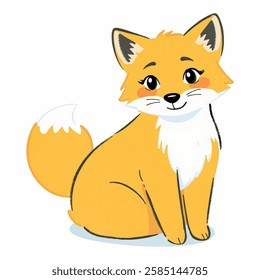 Illustration of a fox sitting with a curled tail, looking playful and mischievous. Isolated on a white background.