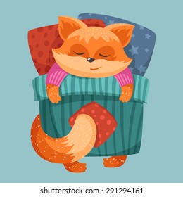 Illustration of a fox sleeping under a blanket on a blue background
