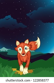 Illustration of a fox walking in a dark beautiful night