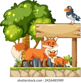Illustration of foxes and bird near wooden sign