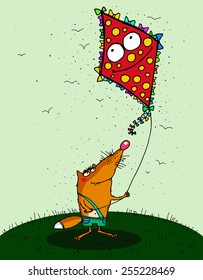 Illustration, foxes with a kite on a green background.