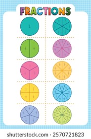 Illustration of fractions with colorful circle diagrams