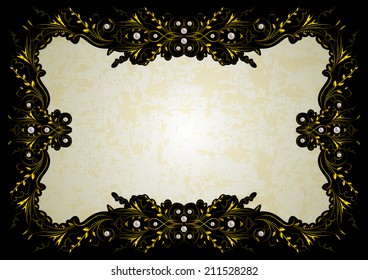 Illustration of frame with abstract golden ornament, pearls and grunge texture 