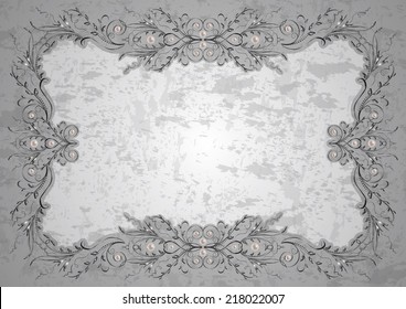 Illustration of frame with abstract ornament, pearls and grunge texture 