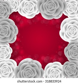 Illustration of frame from abstract paper roses with glittered background
