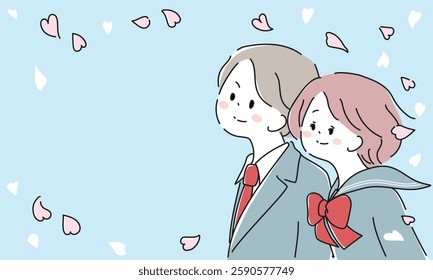 Illustration frame of boys and girls in school uniforms in cherry blossom snow