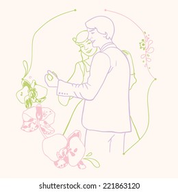Illustration of frame with bride and groom