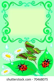 illustration frame with butterfly,  sheet, ladybug and drop
