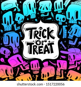 illustration frame with colorful skulls on black background the festive poster Halloween theme cartoon style psychedelic colors