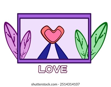 An illustration frame featuring a green and purple leaf holding a red heart. This artwork blends natural elements with romantic symbolism, ideal for love-themed designs.