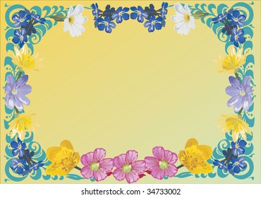 illustration with frame with flowers on yellow background