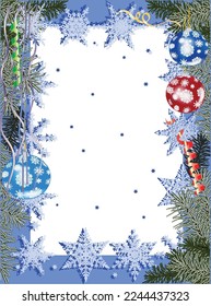 illustration with frame from green decorated fir branches and snowflakes isolated on white background