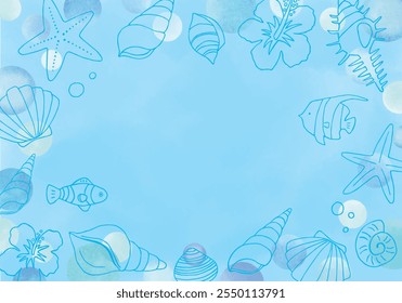 Quadro de ilustração com conchas desenhadas à mão e peixes tropicais