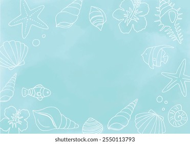 Quadro de ilustração com conchas desenhadas à mão e peixes tropicais