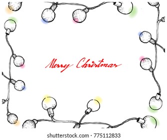 Illustration Frame of Hand Drawn Sketch of Lovely Round Christmas Lights Hanging on The Air, One of The Most Often Seen Symbols of Christmas. 