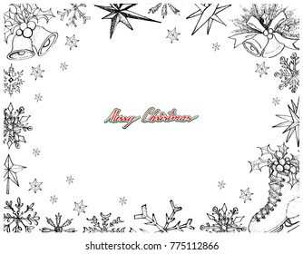 Illustration Frame of Hand Drawn Sketch Collection of Various Lovely Christmas Elements and Decorations Items, Sign For Xmas Celebration Event. 