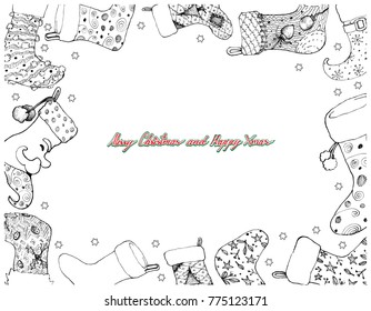 Illustration Frame of Hand Drawn Sketch of Checked Christmas Stockings Hanging on The Air Waiting for Santa Claus is Coming on Christmas Night. 