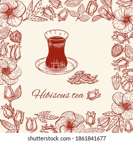 Illustration frame Hibiscus Sabdariffa or Roselle flowers, leaves and berries, seeds. Hibiscus tea. Graphic hand drawn engraving style. Botanical design for packaging, menu cards, posters, prints.