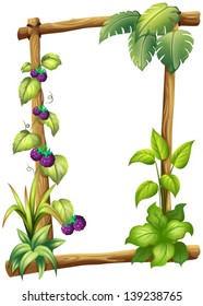 Illustration of a frame made of wood with vine plants on a white background