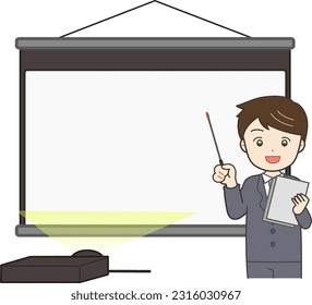 Illustration frame material of a man in a suit and a projector