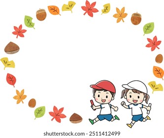 Illustration frame material of running children and autumn leaves