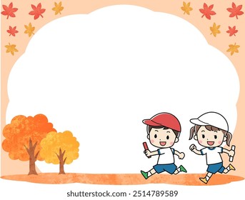 Illustration frame material of running children and autumn leaves