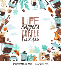 Illustration of a frame on a coffee theme on white background with isolated objects under the trimming mask and the inscription quote