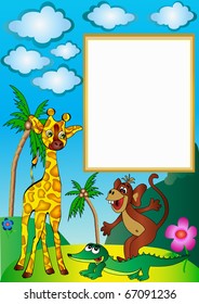 illustration frame with palm by giraffe by ape and crocodile