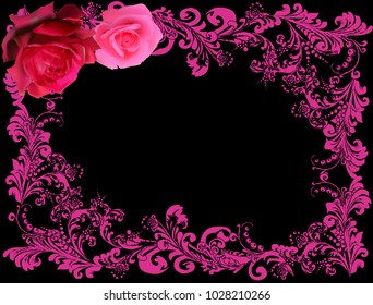 illustration with frame from rose flowers and pink curls