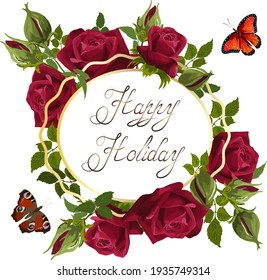 Illustration mit Rahmen und Rosen.Vektorgrafik mit Rosen und Text in einem Rahmen auf weißem Hintergrund.