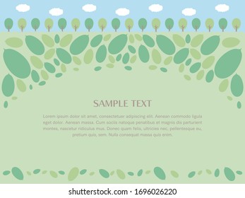 Illustration frame of sky, row of trees and meadow.
A layout where characters and designs can be placed in the meadow.
Version with round leaves.