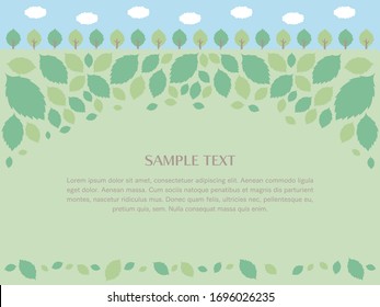 Illustration frame of sky, row of trees and meadow.
A layout where characters and designs can be placed in the meadow.
Version with jagged leaves.