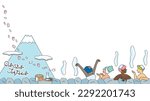 It is an illustration of a frame (spring) (line drawing) of a foreign tourist who enjoys a trip to a hot spring in Japan.