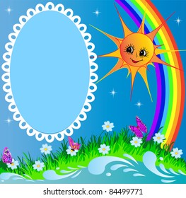  illustration frame with sun butterfly and rainbow