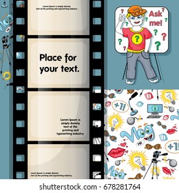 Illustration with a frame for text, a photo in the form of a filmstrip, a patterned background on the theme of a video blog. Character boy video blogger. The concept for social media. Vector, cartoon.