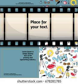 Illustration with a frame for text, a photo in the form of a filmstrip and a patterned background on the theme of a video blog. The concept for social media. Vector, cartoon.