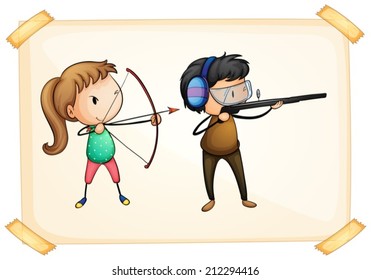 Illustration of a frame with two people playing archery on a white background