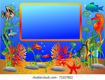 illustration frame with undersea fish and algae