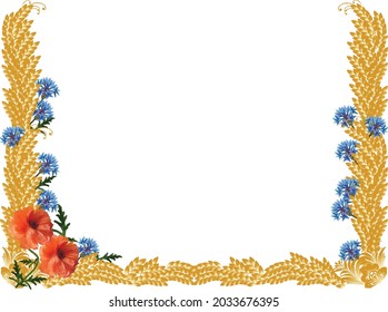Illustration mit Rahmen aus Weizenähren und Blumen einzeln auf weißem Hintergrund