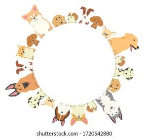 Illustration of a frame in which various types of dogs with their front paws are in a circle