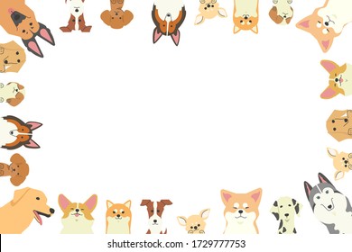 Illustration of a frame in which various types of dogs with front legs are looking in from all sides