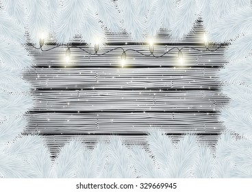 Illustration of frame from white Christmas tree branches and lights on wooden background
