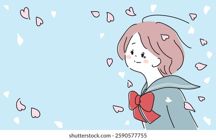 Illustration frame of a woman in a sailor suit crying in the midst of a cherry blossom storm