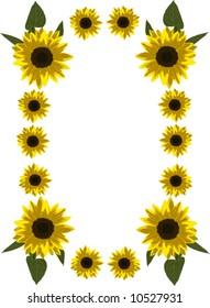 illustration with frame of yellow sunflowers isolated on white background