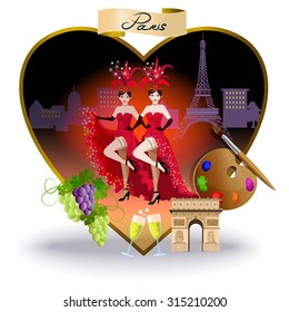 Illustration framed in the form of heart. Within the frame the French dancer. Around frame landmarks of Paris. Below are two glasses of wine and grapes.