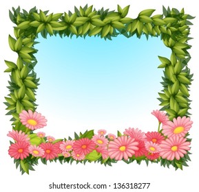 Illustration of a framed leaves with pink flowers on a white backround