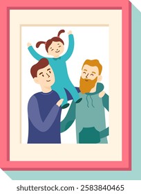 Illustration of a framed portrait depicting two fathers holding their daughter, celebrating love, family, and fatherhood, perfect for father's day or family related themes