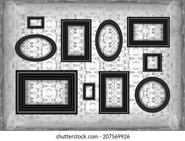 Illustration of frames collection on grunge background with abstract floral ornament 